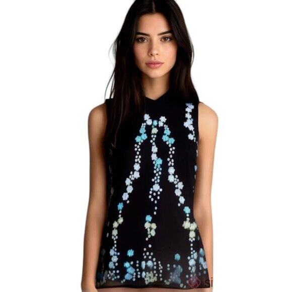 NWT Kaari blue  True Black Embroidered Abstract Floral Rayon Top XS - Picture 1 of 14